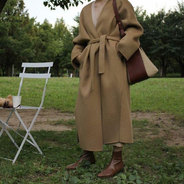 

women's wool & blends women winter blend coats with sashes warm slim fit fashion casual office lady womans coat jacket khaki black plus