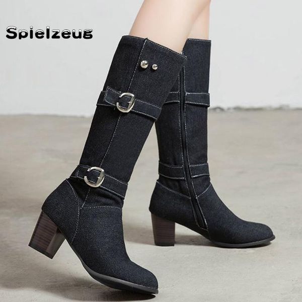 

women autumn mid calf boots warm square heel shoes casual female long tube denim fashion buckle strap zipper plus size boots#g4, Black