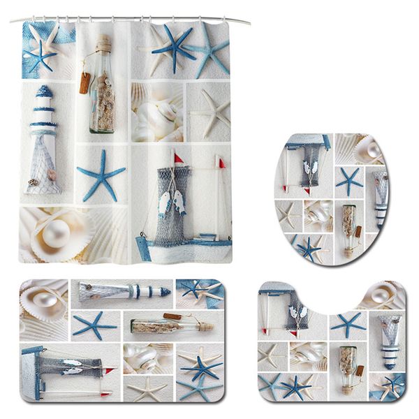 

4pcs home shower curtain set toilet cover pedestal rug sea shell modern bath mat