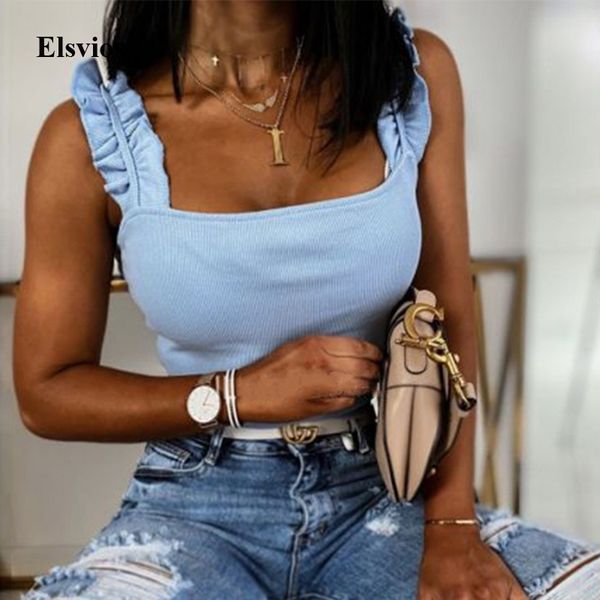

summer elegant ruffle strap shirt blouse sleeveless backless ribbed shirts casual women square collar slim knit blusa, White