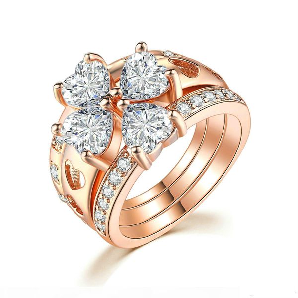 

three-layer ring set heart-shaped zircon inlaid rose gold ring women's copper ring set european and american fashion, Golden;silver