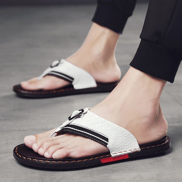 

summer new sandals breathable anti skid wear-resistant flat heel flip flop men's leather casual fashion slippers comfortable trend, Black