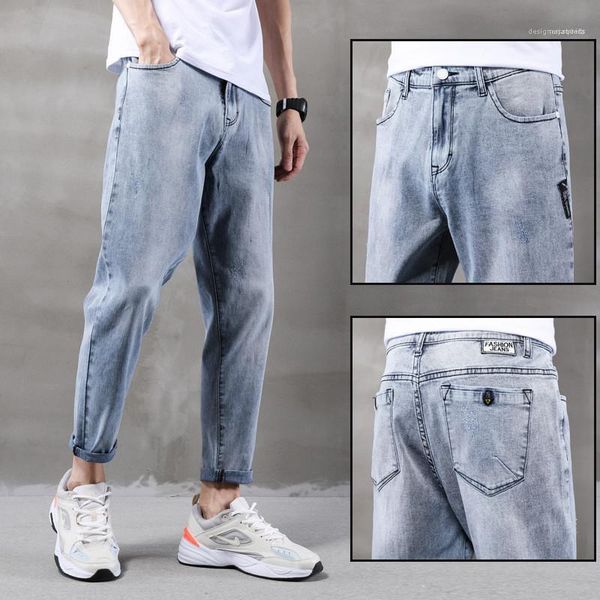 

mens casual harlan jeans fashion solid color loose fashion designer feet overalls male simple jeans, Blue