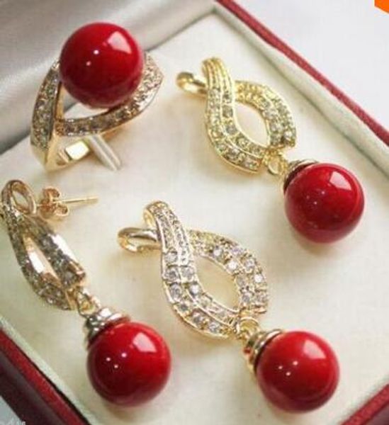 

12mm red shell pearl pendant necklace earrings ring set style&gtjewelry quartz crystal women wedding, Golden;silver