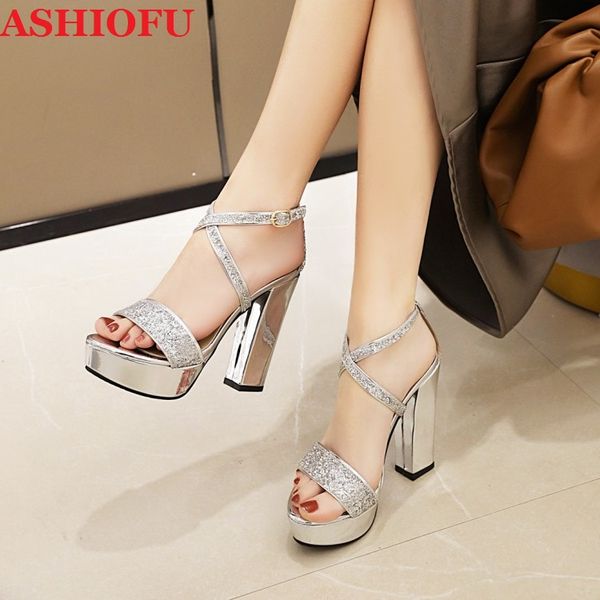 

ashiofu wholesale women's chunky heels sandals crisscross glitter party prom shoes evening fashion sandals shoes, Black