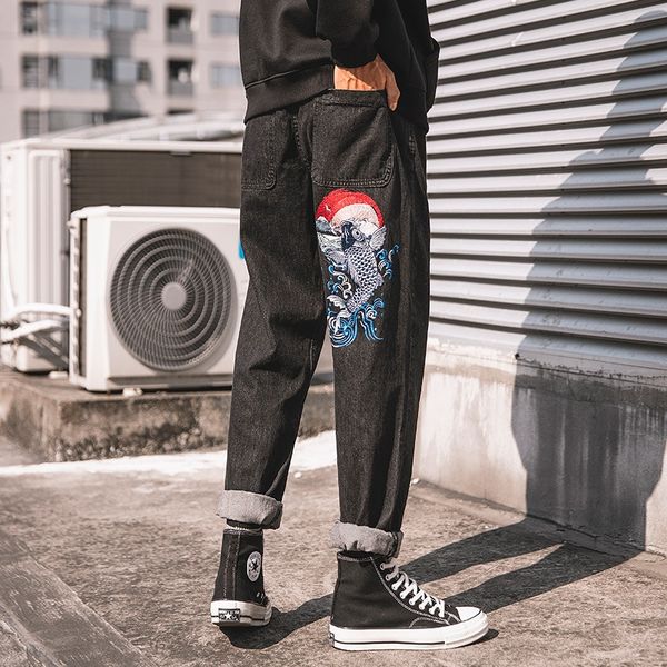 

национальный карп стиль вышивки джинсы джинсы и jeansembroidered jeansmen игровой harajuku tide бренд хип-хоп прямые брюки прилив поток брюк, Blue