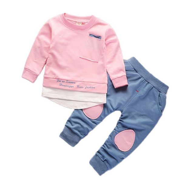 

spring autumn 2pcs long sleeve kids toddler baby boys girls patchwork +pants clothes for 1-5 yrs kg-79, White
