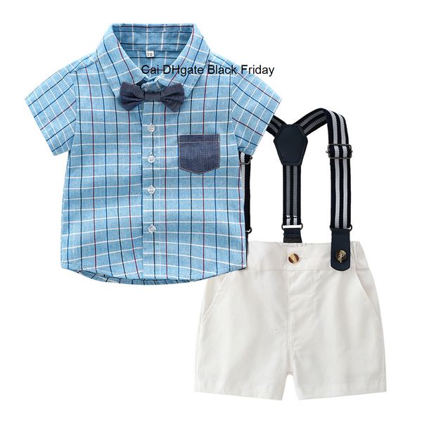 

baby boys clothes summer toddler boy clothing set short sleeve bow tie plaid shirt straps pants 2pcs outfits children boys suits
