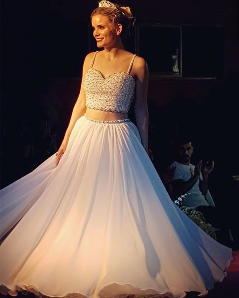 

2021 new style two pieces prom dresses crystal beading white spaghetti straps chiffon 15 years girl party gowns, Black