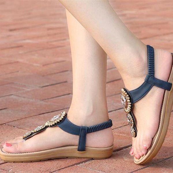 

women sandals bohemian beach shoes sewing shoes durable beaded women flat sandals casual, Black
