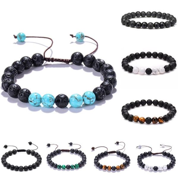 

beaded, strands 8mm natural stone beads couple bracelet for lovers adjustable lava essential oil diffuser braided bangle jewelry, Black