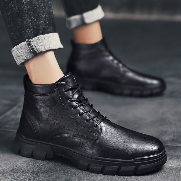

leather boot winter plus velvet warm cotton-padded shoes england hight-shoes workwear combat boots lady -40, Black