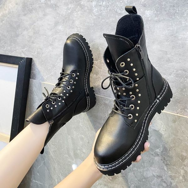 

spring and autumn 2020 new belt buckle thick heel rivet short boots boots female fashion wild motorcycle x174, Black