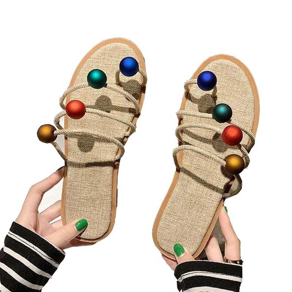 

fashion sandals female summer slides national style six-color bead rope slippers flat shoes casual beach flip-flop girl slippers, Black