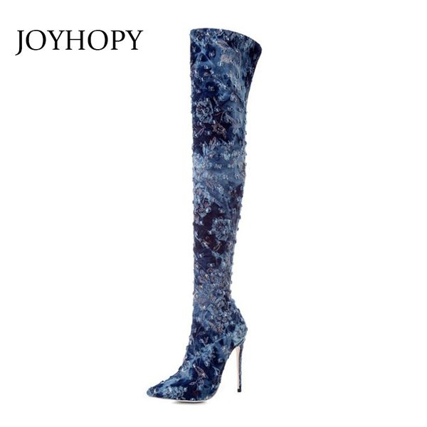 

boots winter women broken hole denim over the knee woman stretch fabric high heel thigh pointed toe shoes wb1405, Black