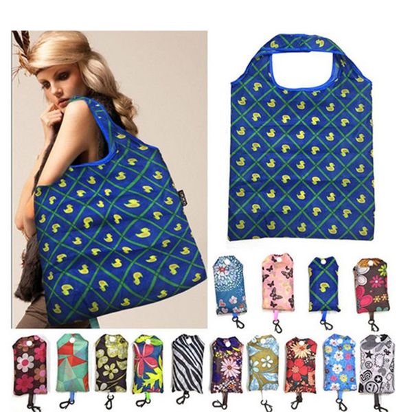 

large storage nylon foldable shopping bags reusable eco-friendly folding bag shopping bags ladies storage bags protable hook totes e81801, Black