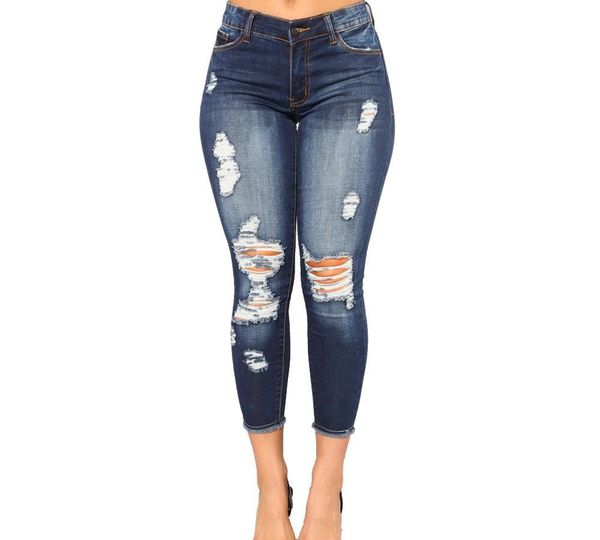 

high elastic hole capris jeans small feet tight hips jeans, Blue