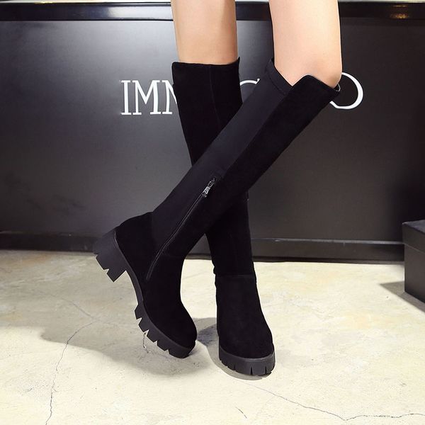 

women's natural suede leather elastic fabric patchwork slip-on flats knee high boots black knight high boots long winter shoes