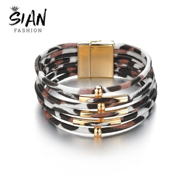 

sian fashion leopard leather bracelet 3 colors handmade multilayer wrap wide bracelets women elegant buckle bangles 2020 jewelry, Black