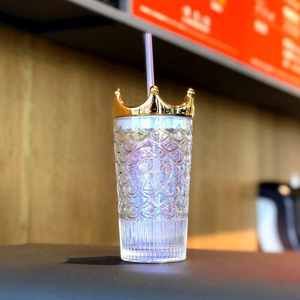 

christmas starbucks dazzle colour fish scale golden crown glass straw cup 470ml transparent mermaid coffee cup for out door