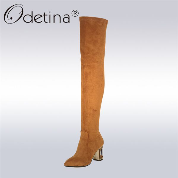 

odetina 2020 new fashion genuine leather cow suede over the knee boots fretwork high heels winter boot shoes big size 33-43, Black