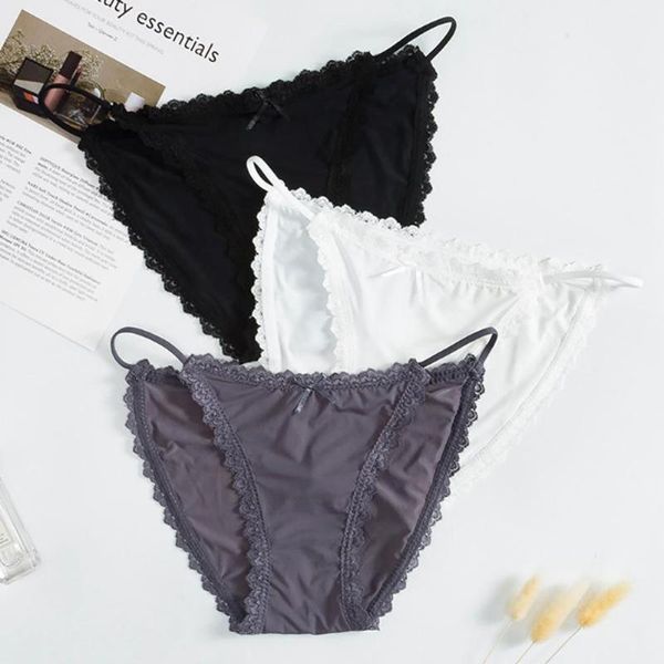 

women solid color ice silk lace trim strap breathable thin panty briefs, Black;pink