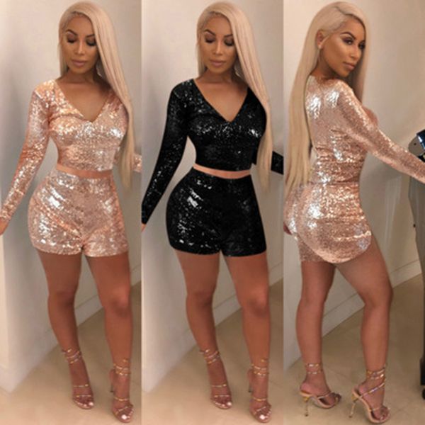 

elegant women two pieces sets deep v neck party outfit long sleeve crop and club short pants sequin body mujer, Gray