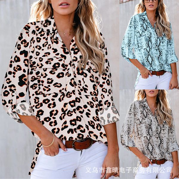 

women leopard v neck shirts loose 3/4 sleeve single breasted blouses famale autumn clothes, White