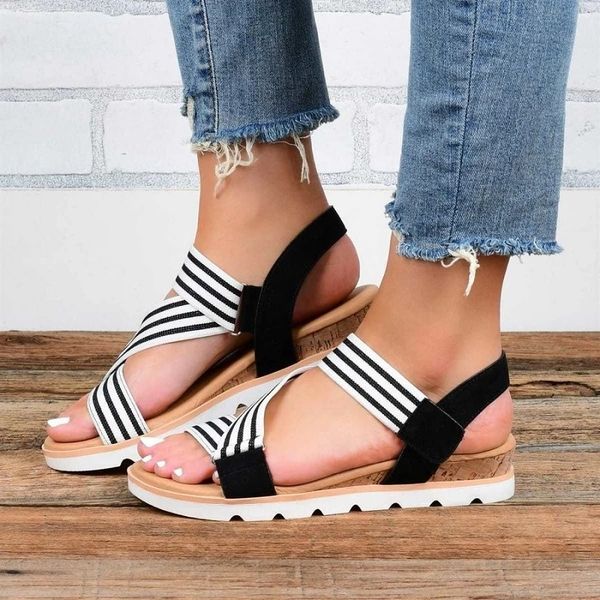 

2020 новое лето женщины гладиатор сандалии низкие каблуки клинья платформа римские сандалии ladies open toe casual пляж обувь большого разме, Black