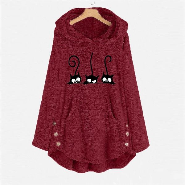 

womens hoodies sweatshirts fleece cat embroidery plus size warm hoodie button fashion female autumn winter blouse m840, Black
