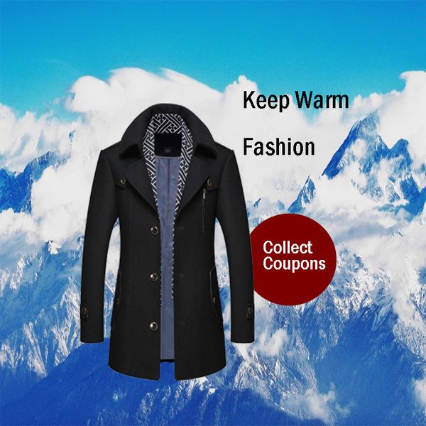 

2020 autumn and winter new wool solid color thick men's woolen coat fashion warm plus cotton scarf men's long coat, Black