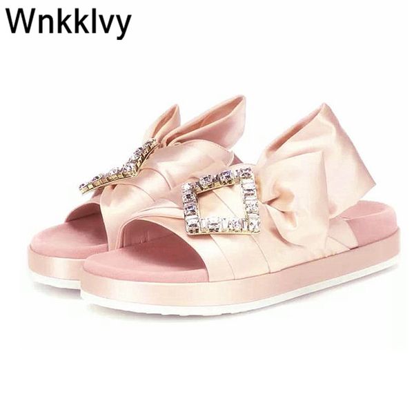 

flat heel flipflops crystal decor slippers clip on lazy mules simple sandas satin silk big bow knot summer shoes women slides, Black