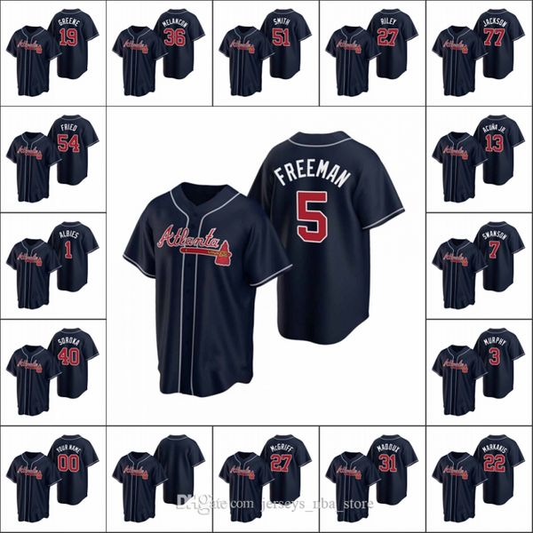 

atlanta braves 13 ronald acuna jr. 7 dansby swanson 1 ozzie albies men women youth custom navy 2020 replica alternate jersey, Blue;black