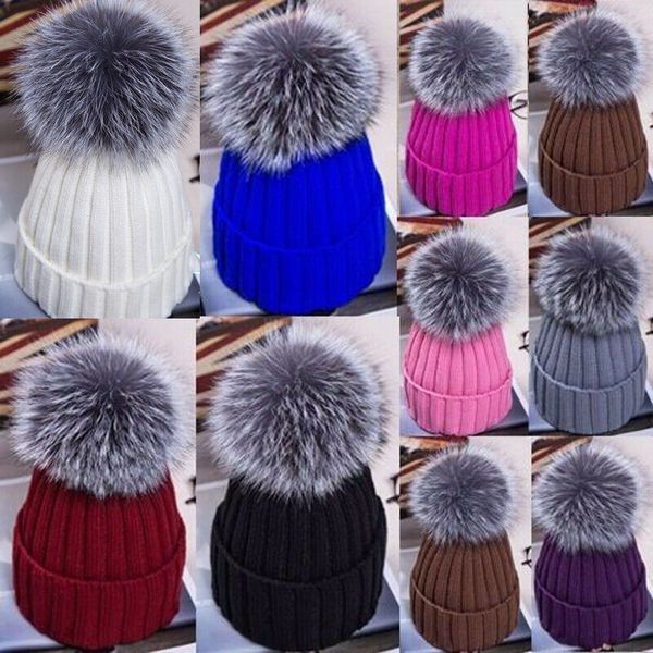 

winter warm women fur pom poms hats beanie large faux fur pom bobble hat knitted ski cap thick women skullies beanies, Blue;gray