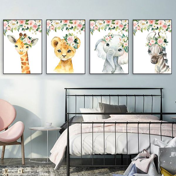 

baby animal flower print paintings elephant lion giraffe canvas poster nursery wall art nordic kids baby room picture wall decor