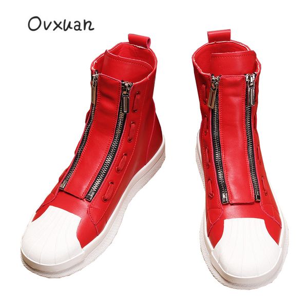 

ovxuan red leather ankle boots for men high zip mens designer casual hip hop boots fashion flat board long botas male shoes, Black