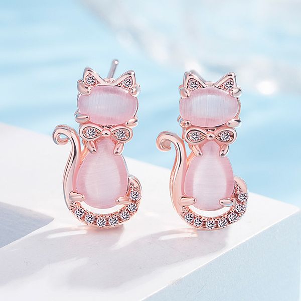 

stud moonrocy rose gold color pink opal earrings dangle cz ross quartz cute cat animal for women children girls drop gift, Golden;silver