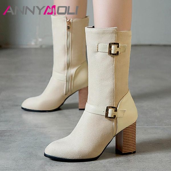 

annymoli buckle high heel mid-calf boots women shoes pointed toe block heels zipper short boots ladies winter beige red size 46, Black