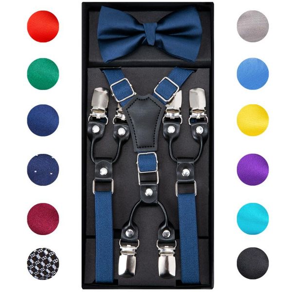 

dibangu 6 clips kids leather suspenders straps bow tie trousers braces elastic blue red yellow bowtie adjustable suspenders, Black