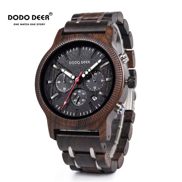 

dodo deer stainless steel wood watch men calendar timepieces chronograph quartz watches relogio masculino in wooden boxes c08 t200620, Slivery;brown