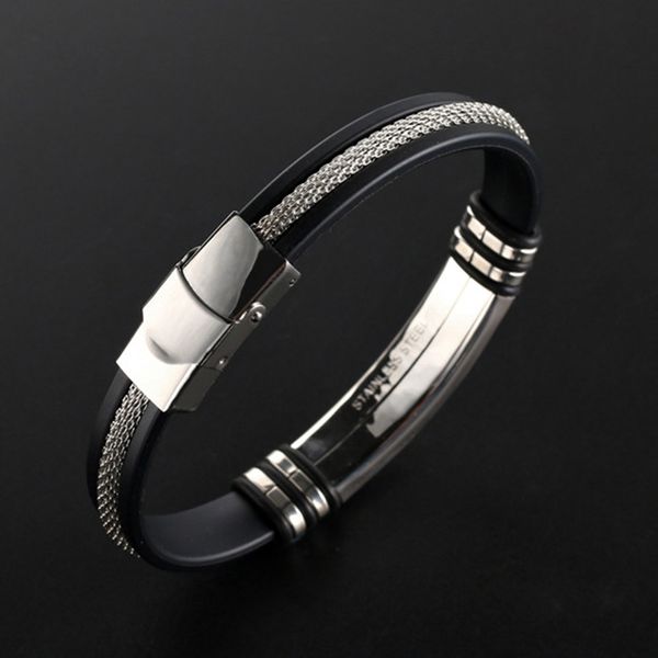

men's health sports bracelet stainless steel silicone bracelets with chain men accessories jewelry rubber wristband pulsera, Golden;silver
