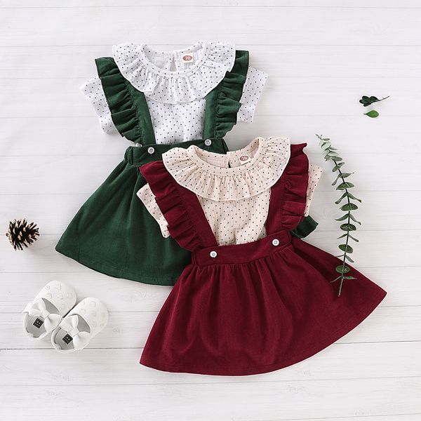 

2020 fashion girls sets children o-neck short sleeve polka dot print t-shirt loose solid suspender skirt suit baby child clothes, White