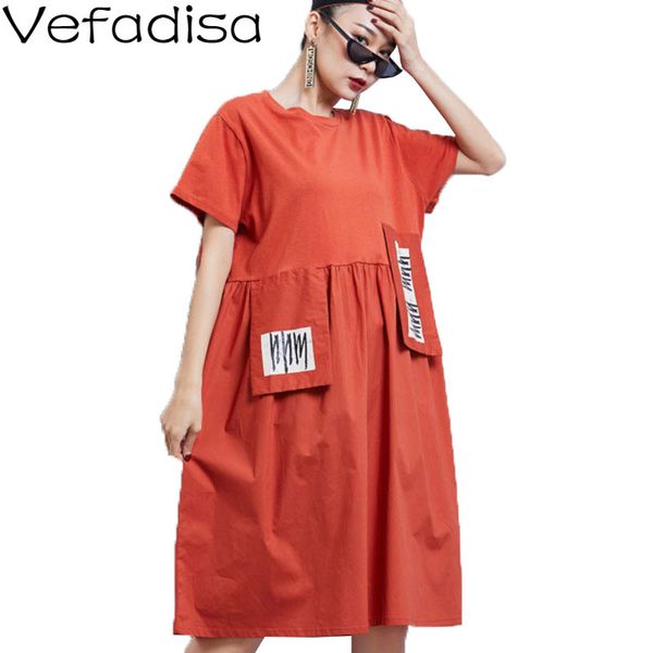

vefadisa letter print women dress with pocket 2020 summer knee-length dress short sleeve patchwork women loose qyf3159, Black;gray