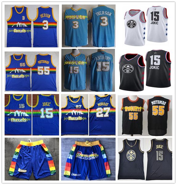 

mens denver nuggets 55 dikembe mutombo 3 allen iverson15 nikola jokic27 jamal murray basketball shorts jerseys, Black;red