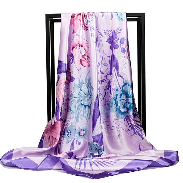 

fashion floral print hijab scarf for women square shawls silk satin hair scarfs female 90*90cm headband neck scarves for ladies, Blue;gray