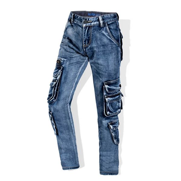 

men's jeans mcikkny fashion cargo jean pants with multi-pockets slim fit straight denim trousers for male washed size 29-40, Blue