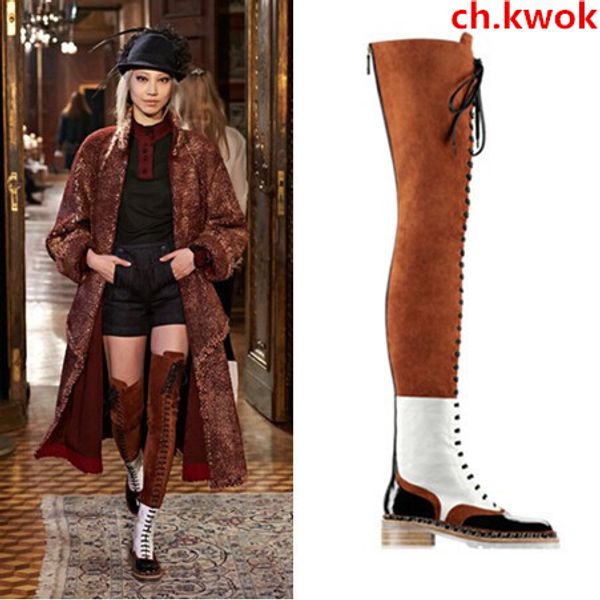 

ch.kwok women runway long boot fall women's lace up thigh high boots brown black white low heel boots plus size 42 women booties