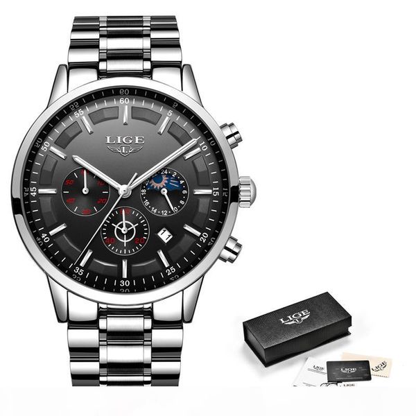 

2018 new swag men watches brand lige moon phase shining black dial waterproof business casual sport quartz watch, Slivery;brown