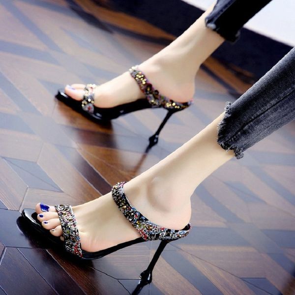 

сандалии женщин 2020 новый летний сексуальный rhinestone colorblock открытый toe открытый пляж тапочки чистовая пятки женщин тапочки высокие, Black