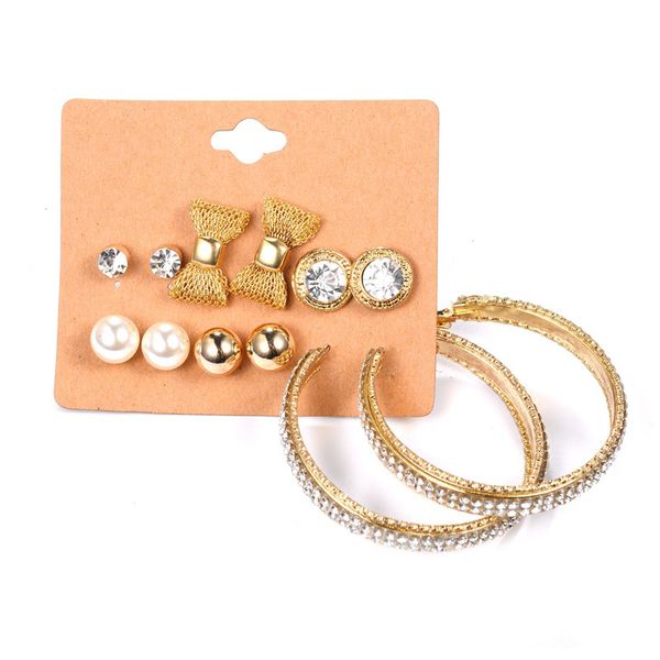 

6prs wholesale pearl crystals cz mixed styles hoop circle earrings women female wedding party fashion trendy loop earrings, Golden;silver